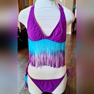 PURPLE AND BLUE FRINGE BIKINI TOP AND FULL BOTTOM TIE FRINGE SIDES.
